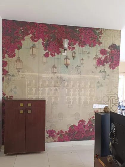 A second view of the palace and bougainvillea mural, showing its placement in the living area.