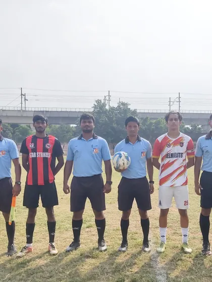 The captains and officials line up before a Star Strikers vs Delhi Elites match in the HCL Youth League.