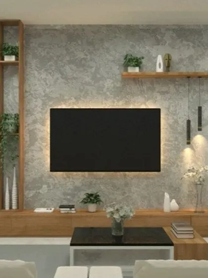A nature-inspired TV unit design that embodies our biophilic approach. The unit combines a concrete-finish wall with extensive open wood shelving, providing ample space for decorative plants and creating a living, breathing entertainment center.
