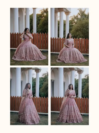 A four-grid collage showing the bride in various poses. This format is great for showcasing the versatility of the outfit and the bride's comfort in front of the camera.