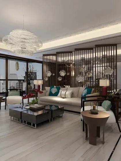 A spacious living room with an Asian-inspired modern design. A large wooden screen acts as a beautiful and functional partition, creating a sense of intimacy in the large, open-plan space.