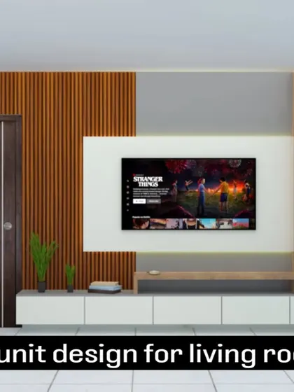 A 3D design for a living room TV unit, combining wooden louvers, a display shelf, and a low console. This helps clients visualize the final look before construction begins.