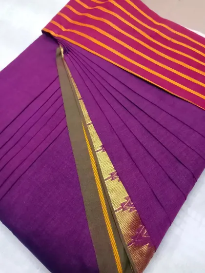 A pre-pleated cotton saree. My service is not just for silks; I can help you get the perfect drape with your cotton sarees too.