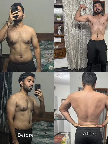 This client's progress shows a significant change in body composition, with increased muscle mass in the chest and back, and a reduction in body fat. The journey is ongoing, but the results are clear.