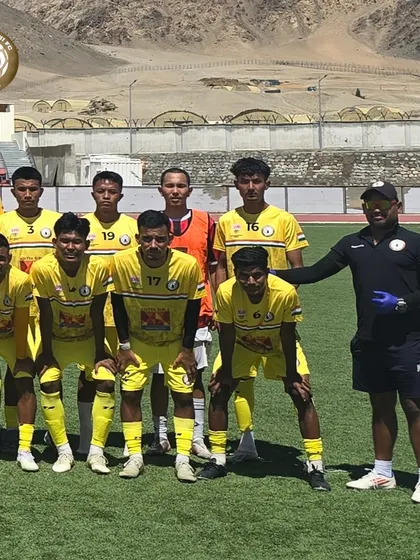 Our team lines up for a friendly match against a local team in Ladakh, preparing for the Climate Cup.
