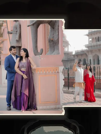 A creative collage showcasing different looks from a pre-wedding shoot at a Jaipur heritage site, blending formal poses with fun, candid moments.