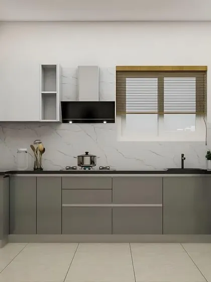 This two-tone kitchen combines grey and white for a modern, neutral look. The marble-patterned backsplash adds a touch of elegance, and the layout is designed for maximum efficiency.