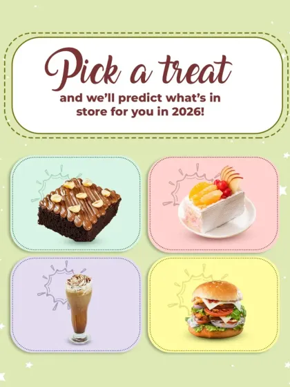 Let's have some fun. We love engaging with you, and this "pick a treat" post is a playful way to choose your next order from a selection including a brownie, fruit pastry, cold coffee, and our mega burger.