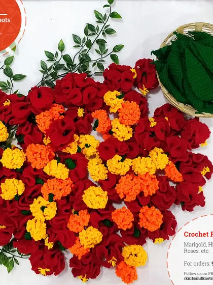 The complete bulk order of 40 Jasvand flowers, 40 Zendu flowers, and 40 mango leaves. Thank you for all the love and support that allows me to create these big orders.