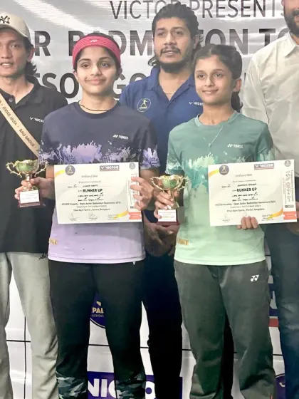 Livana Shetty and her partner on the podium after securing the runner-up position in the Girls Doubles U17 category at the Victor Open.