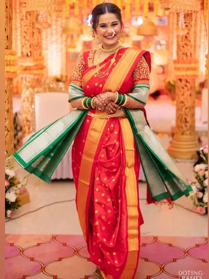 A full-length shot showing the beautiful drape of the Nauvari saree, a specialty of mine.