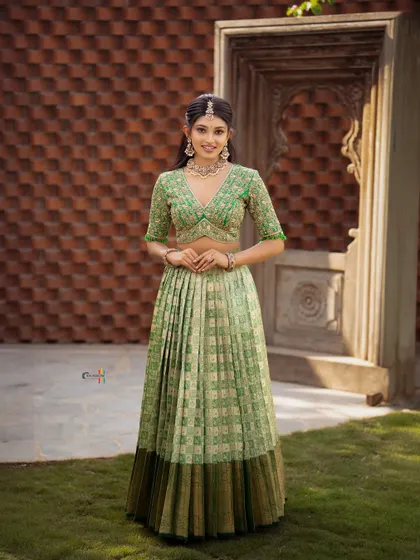 A full-length view of this stunning pista green Kanchipuram silk half saree. The checked pattern on the silk and the contrasting dark green border add a layer of classic elegance to this celebratory outfit.