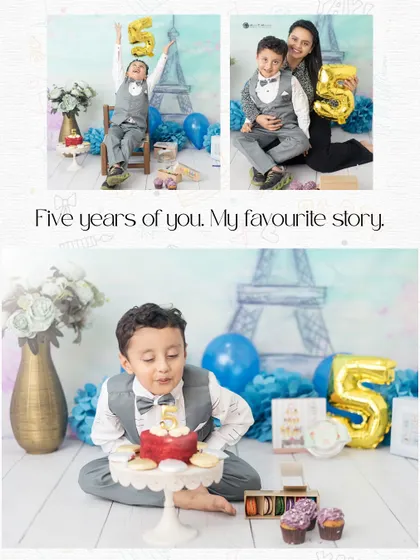 Five years of my favorite story. A personal collage celebrating my own son's fifth birthday with a fun, Paris themed cake smash.