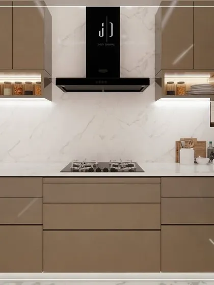 A glimpse into a modern kitchen I designed, focusing on clean lines and warm, earthy tones. This space features handleless high-gloss cabinets, open wooden shelving with integrated lighting, and a durable quartz countertop, creating a kitchen that is as functional as it is beautiful.