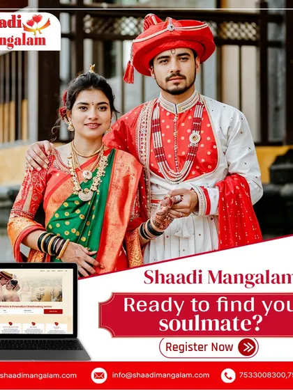 This image showcases the classic grace of a Maharashtrian bride and groom. We are here to help you find your soulmate and start your journey.