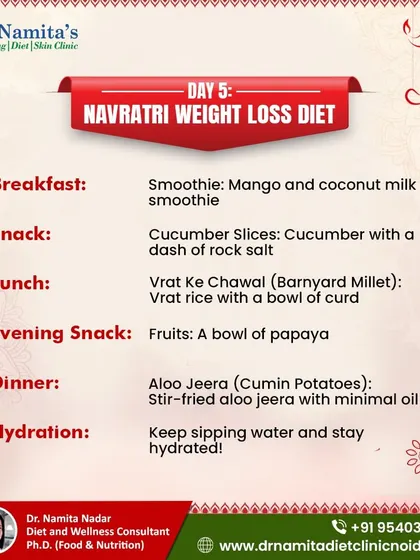 For Day 5, I recommend a mango and coconut milk smoothie, vrat ke chawal with curd for lunch, and simple aloo jeera for dinner. Keep sipping water throughout the day to stay hydrated.