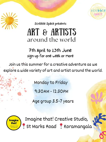 Our poster for the "Art & Artists Around the World" summer camp. This multi-week program takes children on a creative journey across the globe, exploring different cultures and art forms.