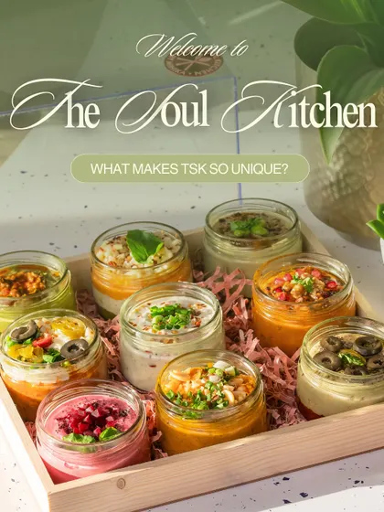 Welcome to The Soul Kitchen. This image introduces what makes us unique: clean, conscious, and delicious food crafted with care in our vegetarian home kitchen.
