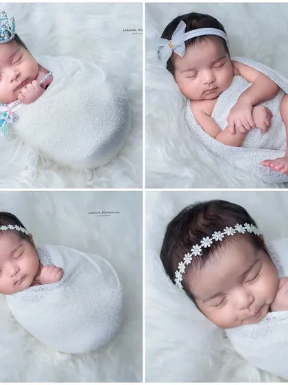 A collage showing four different angelic poses in a white theme, featuring props like a tiny crown and different headbands.