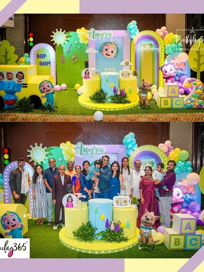 A duplicate of image 32, capturing the happy family at the Cocomelon-themed birthday party.