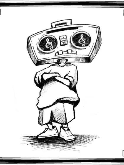 A boombox-headed character, representing my roots in hip-hop culture. This design is ready for a custom tattoo appointment.