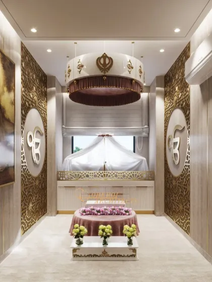 I designed this prayer room as a modern sacred space for quiet devotion. It features intricate jaali panels, symbolic Khanda motifs, and soft, layered lighting to create an atmosphere of spiritual tranquility and reverence.