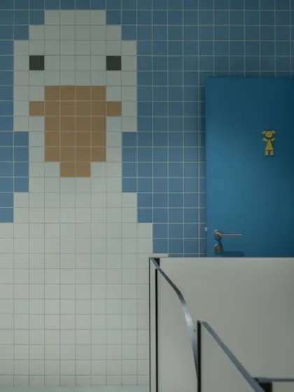 This washroom features a giant goose made from blue and white tiles. Even the door has a small, playful graphic, showing our commitment to detail in every corner.