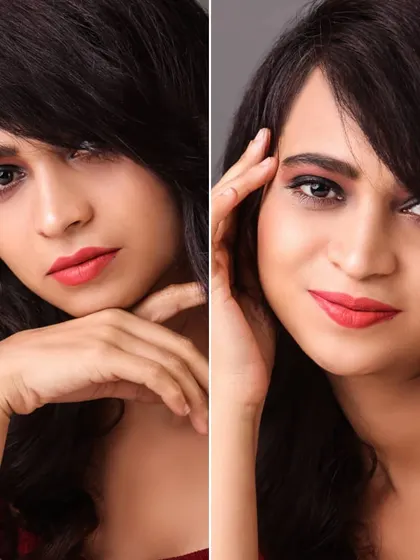 This diptych of beauty headshots showcases the model with two subtle variations in expression. This demonstrates her range and control in front of the camera, a key skill for beauty and commercial work.