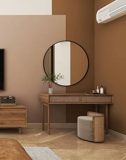 A close-up of the bedroom vanity area from a 3D render, showing the clean lines of the wooden desk and the simple, elegant design.