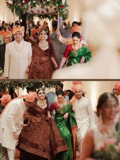 A collage showing the bride's emotional entry with her parents, a significant and touching part of the wedding day.