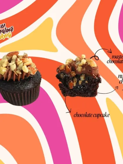 This is the Nutty Chocolatey mini, which has a chocolate cupcake base, a nutty dark chocolate filling, and is finished with a roasted nutty chocolate ganache for extra crunch and flavour.