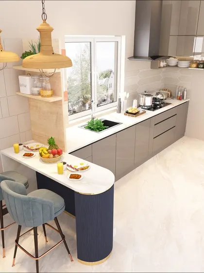 This view from above shows the efficient layout of the galley kitchen, with the breakfast bar creating a social hub without obstructing the workflow.