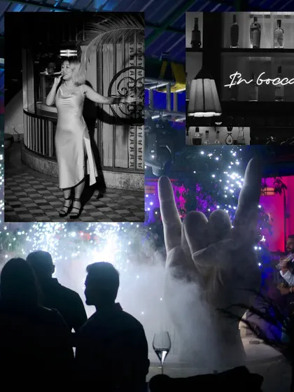A collage capturing the essence of SWITCH Fridays: live music, a party atmosphere, and unique details like our "In Bocca al Lupo" neon sign.