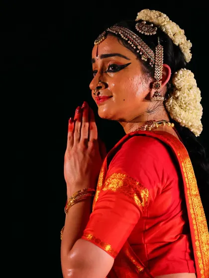 A close up of a gesture of prayer and devotion. The focus here is on the hands and face, the primary tools of storytelling in abhinaya.