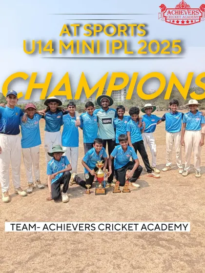 Champions! Our U-14 team celebrating their victory in the AT Sports Mini IPL 2025, a testament to their skill and dominance in the tournament.