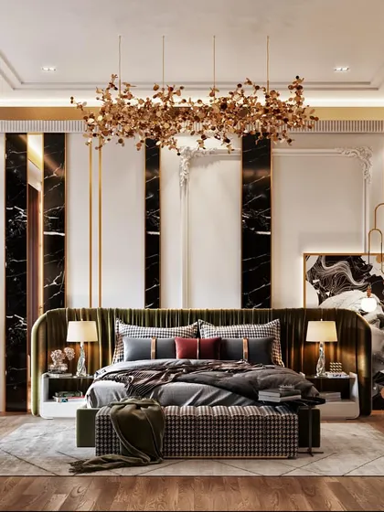 An opulent master bedroom concept brought to life with 3D rendering. This visual focuses on luxurious materials like black marble with gold inlay, a statement chandelier, and layered textiles to help clients visualize a truly high-end personal space.