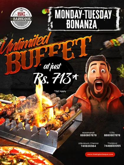 Big bites, bigger vibes. Dive into our unlimited buffet for just ₹713 with our Monday and Tuesday Bonanza.