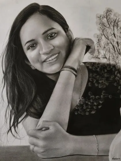 The final drawing of this portrait, where I added a subtle background to complement the subject. This A3 piece was created on 300gsm ivory paper.