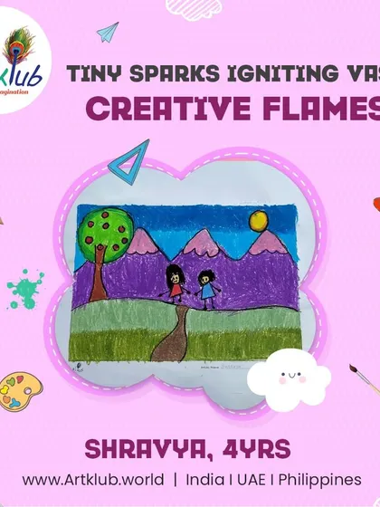 Four-year-old Shravya's drawing of friends in a mountain landscape is a tiny spark of creative flame.
