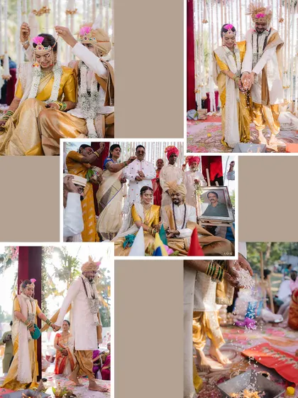 A collage documenting a beautiful outdoor wedding that blends traditions. It shows key rituals, family portraits, and the couple's interactions, all set against a natural backdrop.