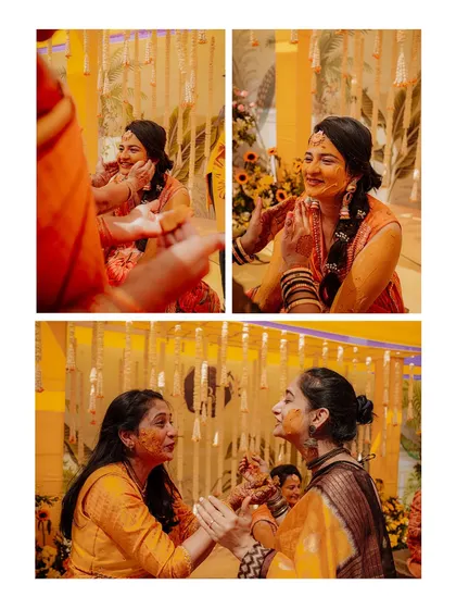 A duplicate of image 72, highlighting the intimate family moments and traditions of a Haldi ceremony.