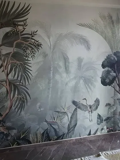 A misty jungle scene installed in a home in Mahalakshmi. I carefully work around windows and corners to maintain the integrity of the panoramic view.