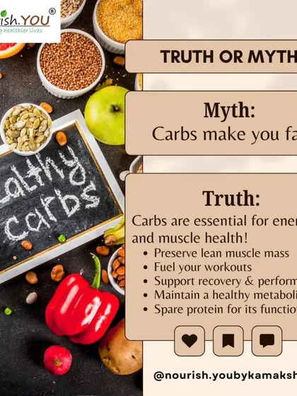 Myth busted: Carbs don't make you fat. This graphic explains that healthy carbohydrates are essential for energy, muscle health, and a healthy metabolism. It's about choosing the right kind of carbs.