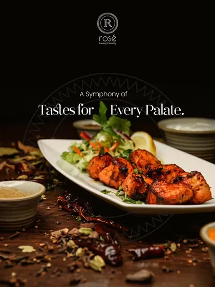 A symphony of tastes for every palate. This image showcases our perfectly grilled chicken tikka, surrounded by the aromatic spices used in its preparation.