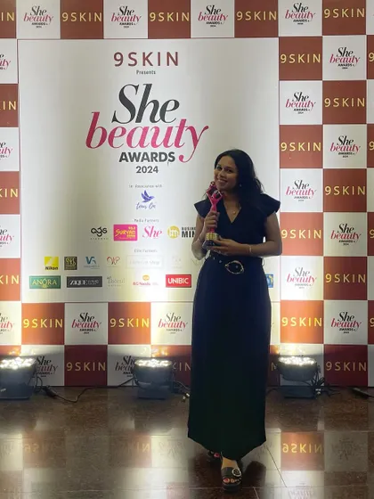 On stage at the She Beauty Awards 2024. This recognition is not just for me, but for every client and student who has trusted me on this journey.