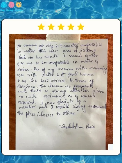 A handwritten testimonial from a member who was not comfortable in the water. She praises our coach and the cleanliness of our facility.