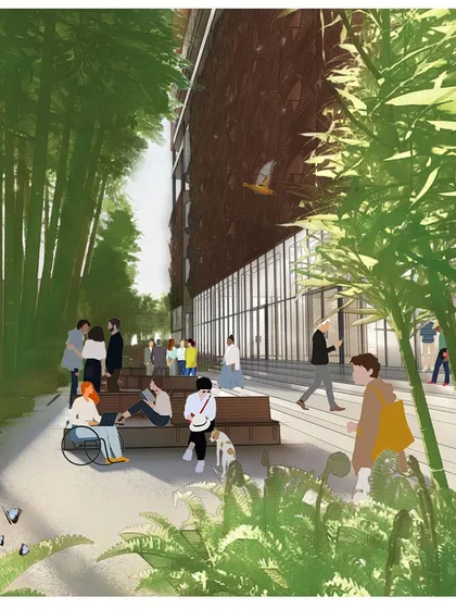 A render showing the ground level of the COE, where a bamboo grove provides a shaded, inclusive space for people to gather, accessible to all.