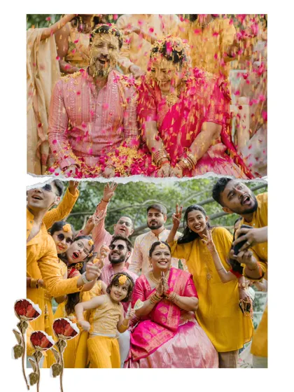 A creative collage capturing the peak moments of a haldi. The top shows the couple being showered with petals, while the bottom captures a happy group photo with friends and family.