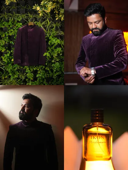 Our fashion photography extends to menswear. This collage showcases a men's velvet bandhgala jacket, capturing it as a flat lay, on the model in different poses, and alongside related accessories for a complete product story.