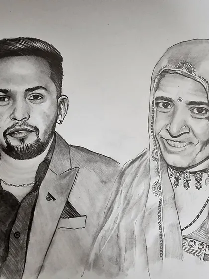 A special commission work capturing the bond between a son and his mother. This A3 pencil drawing took 16 hours, with special attention paid to their expressions and traditional clothing.